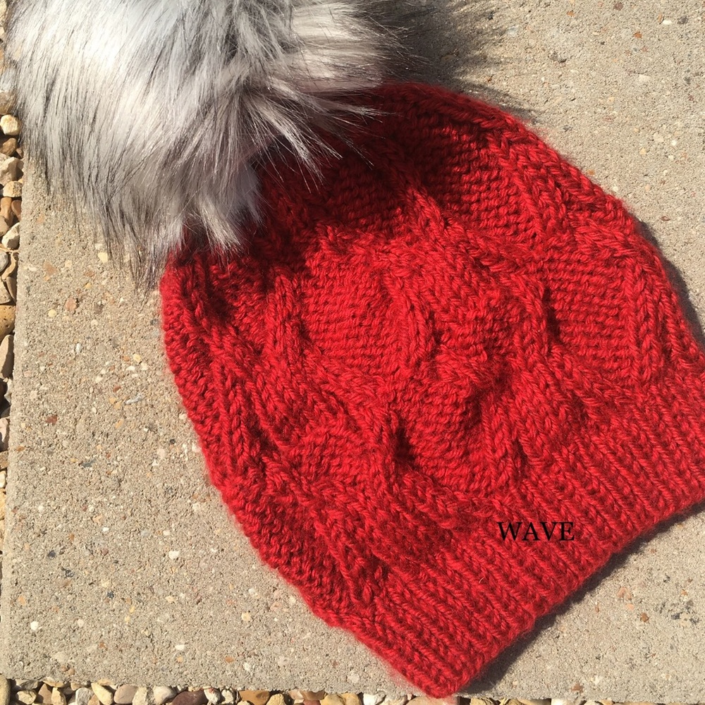Hand knit beanie - faux fur pom.